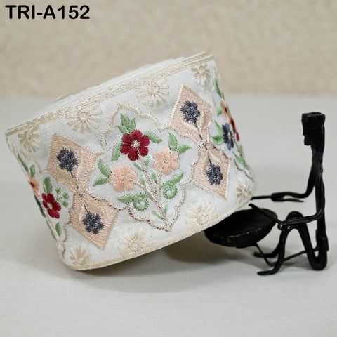 9 Yard Floral Embroidery Ribbon Ivory 65mm Dog Collar Tote Bags, Lampshades Theatrical Costumes Crafting Holidays Wreaths Indian Embroidered