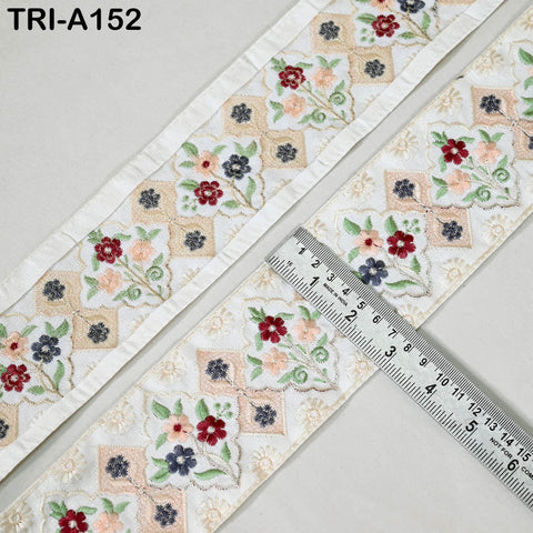 9 Yard Floral Embroidery Ribbon Ivory 65mm Dog Collar Tote Bags, Lampshades Theatrical Costumes Crafting Holidays Wreaths Indian Embroidered