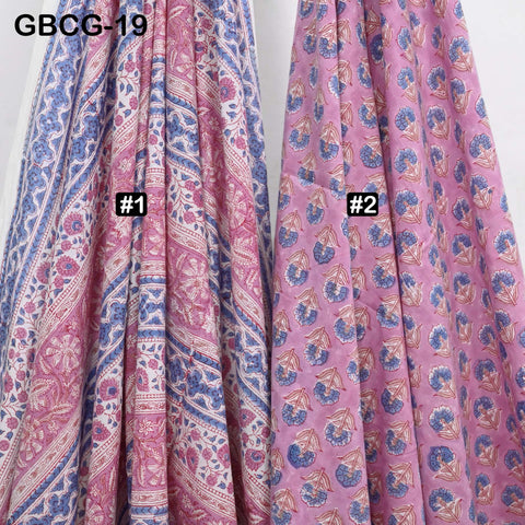 Block-Printed Floral Cotton Fabric, Summer Dress Sewing Material by the Yard, Pink, Blue