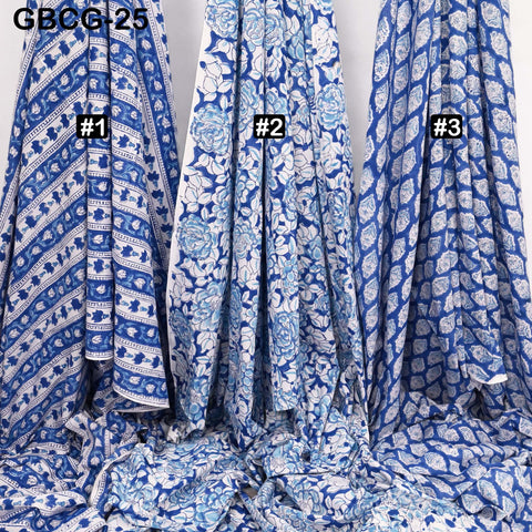 Hand Block Printed Cotton Fabric, Blue, White, Summer Dresses Sewing Material