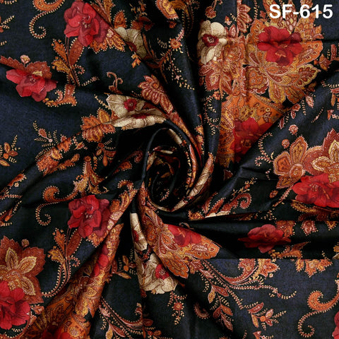 Floral Print Silk Fabric by the Yard: Navy Blue, Orange, Red Habotai Material Party Wedding Dresses Bridesmaid Brides