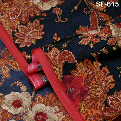 Floral Print Silk Fabric by the Yard: Navy Blue, Orange, Red Habotai Material Party Wedding Dresses Bridesmaid Brides