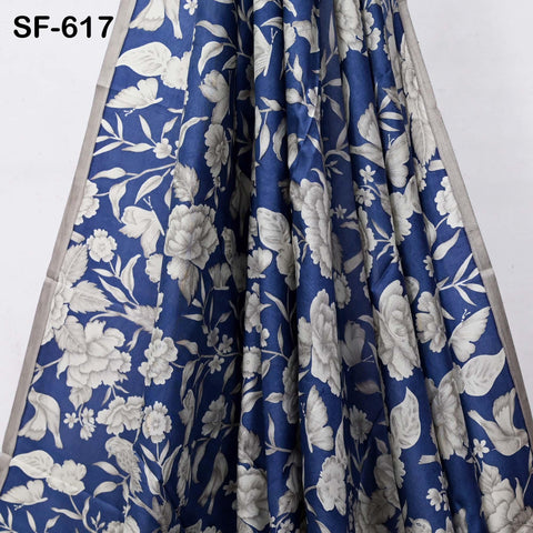 Navy Blue Pure Habotai Printed Silk by the Yard Indian Saree Soft Flowy Fabric Wedding Dress Bridesmaid Costumes Crafting Sewing Scarves