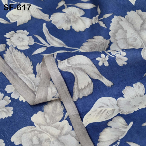 Navy Blue Pure Habotai Printed Silk by the Yard Indian Saree Soft Flowy Fabric Wedding Dress Bridesmaid Costumes Crafting Sewing Scarves