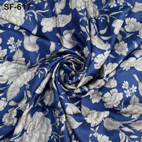Navy Blue Pure Habotai Printed Silk by the Yard Indian Saree Soft Flowy Fabric Wedding Dress Bridesmaid Costumes Crafting Sewing Scarves