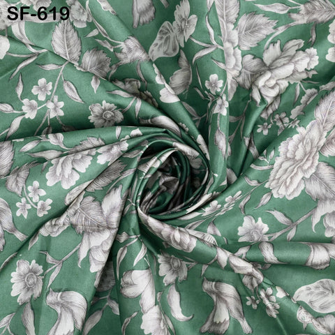 Green Pure Habotai Printed Silk by the Yard Indian Saree Soft Flowy Fabric Wedding Dress Bridesmaid Costumes Crafting Sewing Scarves