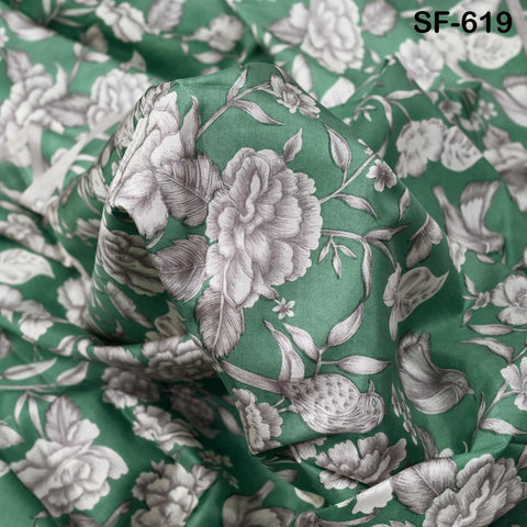 Green Pure Habotai Printed Silk by the Yard Indian Saree Soft Flowy Fabric Wedding Dress Bridesmaid Costumes Crafting Sewing Scarves