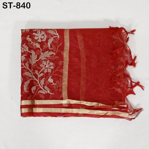 Organza Dupatta Red Embroidery, Gold Indian Women Head Scarf, Wedding Dress Matching Stole, Boho Stoles Evening Scarves Gifts For Bridesmaid