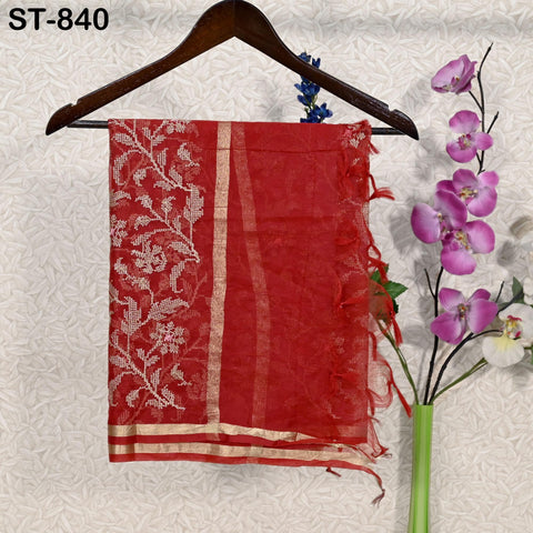 Organza Dupatta Red Embroidery, Gold Indian Women Head Scarf, Wedding Dress Matching Stole, Boho Stoles Evening Scarves Gifts For Bridesmaid