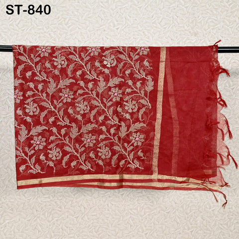 Organza Dupatta Red Embroidery, Gold Indian Women Head Scarf, Wedding Dress Matching Stole, Boho Stoles Evening Scarves Gifts For Bridesmaid
