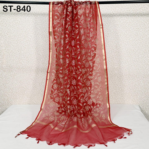 Organza Dupatta Red Embroidery, Gold Indian Women Head Scarf, Wedding Dress Matching Stole, Boho Stoles Evening Scarves Gifts For Bridesmaid