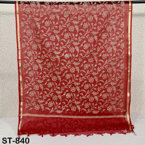 Organza Dupatta Red Embroidery, Gold Indian Women Head Scarf, Wedding Dress Matching Stole, Boho Stoles Evening Scarves Gifts For Bridesmaid