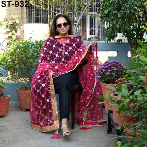 Magenta Net Dupatta for Women/Girl | Embroidered Light Weight Chunni, Traditional Lehenga Wedding/Bridal Veil | Indian Scarf/Stole for Dress