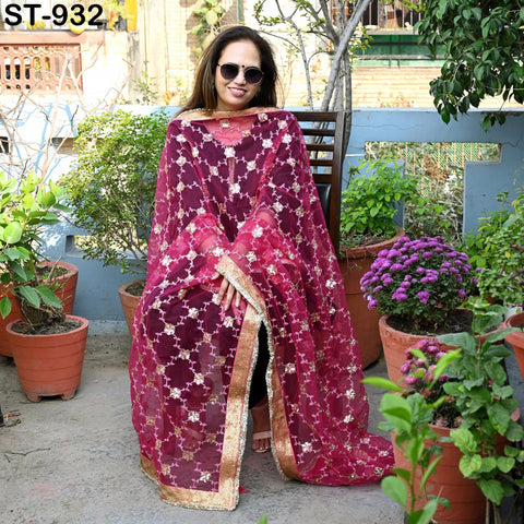 Magenta Net Dupatta for Women/Girl | Embroidered Light Weight Chunni, Traditional Lehenga Wedding/Bridal Veil | Indian Scarf/Stole for Dress