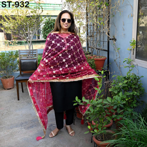 Magenta Net Dupatta for Women/Girl | Embroidered Light Weight Chunni, Traditional Lehenga Wedding/Bridal Veil | Indian Scarf/Stole for Dress
