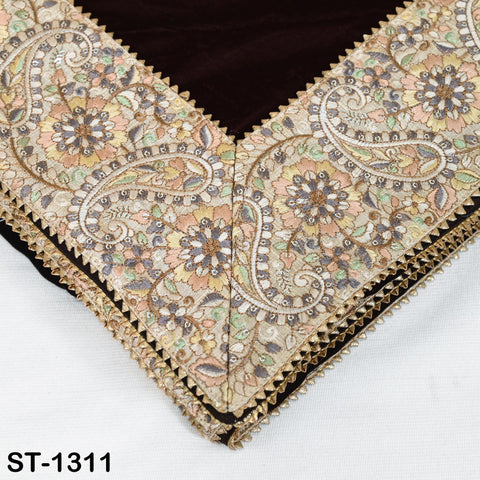 Brown Velvet Shawl Dupatta—Embroidered Floral Border Wrap for Bridal, Partywear & Groom Sherwani