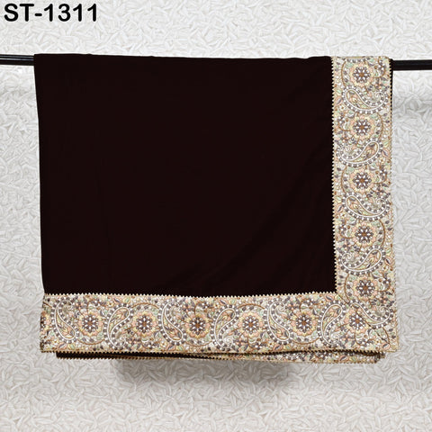 Brown Velvet Shawl Dupatta—Embroidered Floral Border Wrap for Bridal, Partywear & Groom Sherwani
