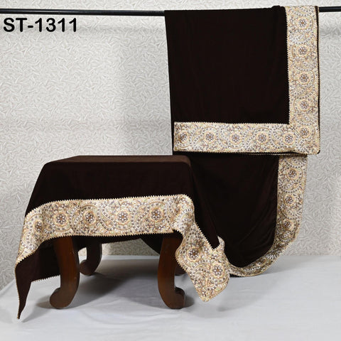 Brown Velvet Shawl Dupatta—Embroidered Floral Border Wrap for Bridal, Partywear & Groom Sherwani