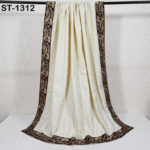 Ivory Velvet Shawl Designer Dupatta Embroidery on edges, Gift Women Indian Embroidered Chunni Bridal Veil Lehenga Festival Punjabi Wedding