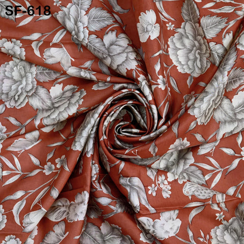 Brick Red Pure Habotai Printed Silk by the Yard Indian Saree Soft Flowy Fabric Wedding Dress Bridesmaid Costumes Crafting Sewing Scarves