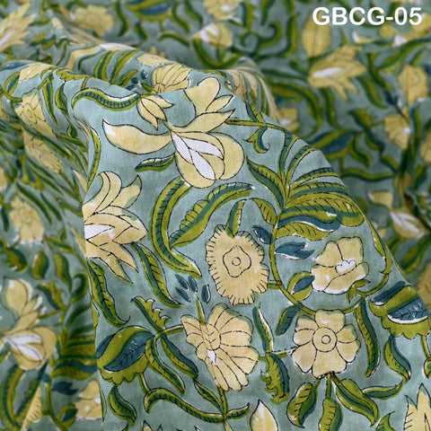 Block-Printed Floral Cotton Fabric, Summer Dress Sewing Material by the Yard, Sage Green