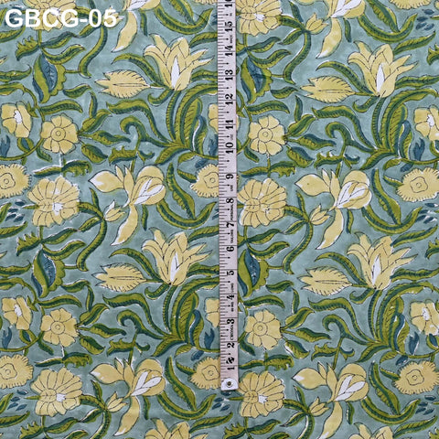 Block-Printed Floral Cotton Fabric, Summer Dress Sewing Material by the Yard, Sage Green