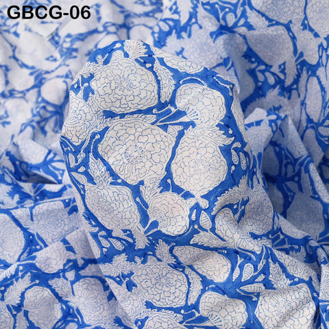 Block-Printed Floral Cotton Fabric, Summer Dress, Sleepwear Pajamas Sewing Material by the Yard, White and Blue