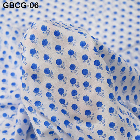 Block-Printed Floral Cotton Fabric, Summer Dress, Sleepwear Pajamas Sewing Material by the Yard, White and Blue