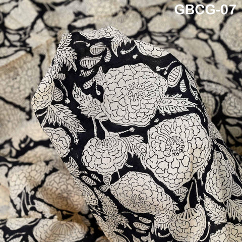 Block-Printed Floral Cotton Fabric, Summer Dress, Sleepwear Pajamas Sewing Material by the Yard, Black and Beige