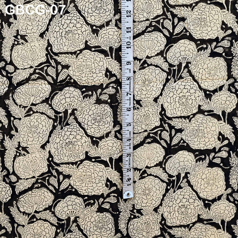 Block-Printed Floral Cotton Fabric, Summer Dress, Sleepwear Pajamas Sewing Material by the Yard, Black and Beige