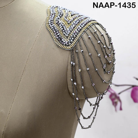 1 Pair Beaded Tassel Shoulder Patches: Black Epaulet Appliqués