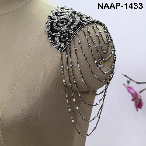 1 Pair Beaded Tassel Shoulder Patches: Black Epaulet Appliqués