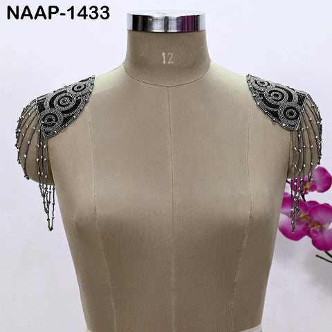 1 Pair Beaded Tassel Shoulder Patches: Black Epaulet Appliqués