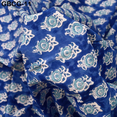 Block-Printed Floral Cotton Fabric, Women Summer Dress, Sleepwear Kids Pajamas Sewing Material by the Yard, White and Blue