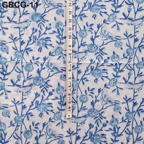 Block-Printed Floral Cotton Fabric, Women Summer Dress, Sleepwear Kids Pajamas Sewing Material by the Yard, White and Blue