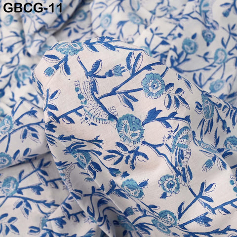 Block-Printed Floral Cotton Fabric, Women Summer Dress, Sleepwear Kids Pajamas Sewing Material by the Yard, White and Blue