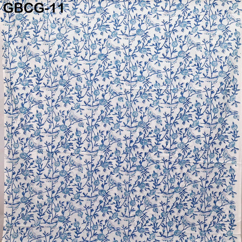 Block-Printed Floral Cotton Fabric, Women Summer Dress, Sleepwear Kids Pajamas Sewing Material by the Yard, White and Blue