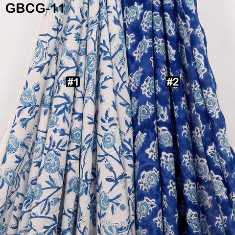 Block-Printed Floral Cotton Fabric, Women Summer Dress, Sleepwear Kids Pajamas Sewing Material by the Yard, White and Blue