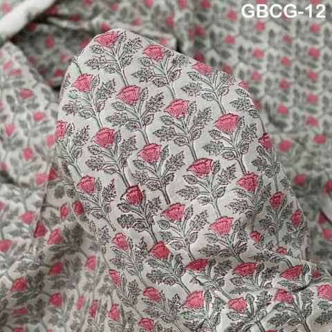 Block Printed Floral Cotton Fabric, Summer Dress, Sleepwear Pajamas Sewing Material by the Yard, Coral Red Yellow and Pale Green