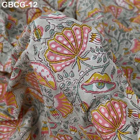 Block Printed Floral Cotton Fabric, Summer Dress, Sleepwear Pajamas Sewing Material by the Yard, Coral Red Yellow and Pale Green