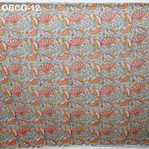 Block Printed Floral Cotton Fabric, Summer Dress, Sleepwear Pajamas Sewing Material by the Yard, Coral Red Yellow and Pale Green