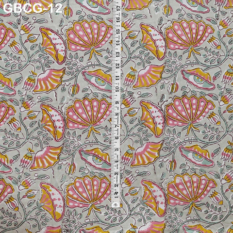 Block Printed Floral Cotton Fabric, Summer Dress, Sleepwear Pajamas Sewing Material by the Yard, Coral Red Yellow and Pale Green