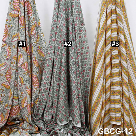 Block Printed Floral Cotton Fabric, Summer Dress, Sleepwear Pajamas Sewing Material by the Yard, Coral Red Yellow and Pale Green