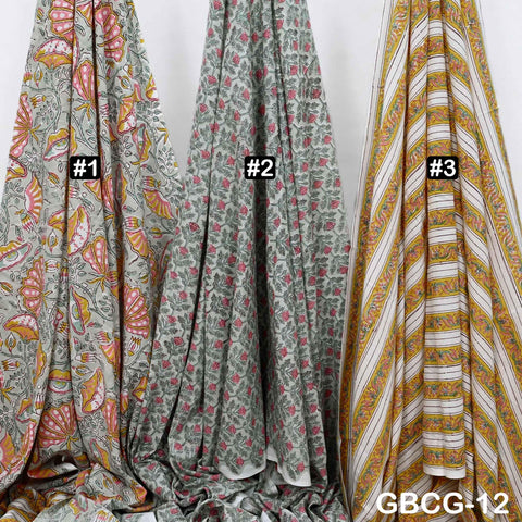 Block Printed Floral Cotton Fabric, Summer Dress, Sleepwear Pajamas Sewing Material by the Yard, Coral Red Yellow and Pale Green