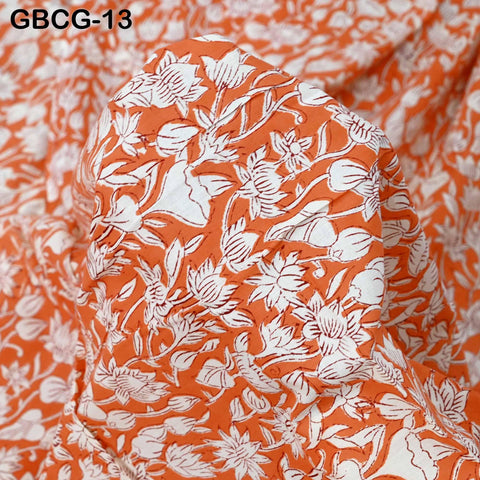 Block Printed Floral Cotton Fabric, Summer Dress, Sleepwear Pajamas Sewing Material by the Yard, Orange and white