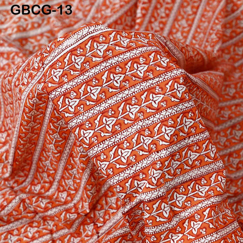 Block Printed Floral Cotton Fabric, Summer Dress, Sleepwear Pajamas Sewing Material by the Yard, Orange and white