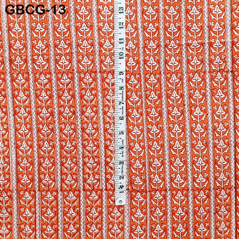 Block Printed Floral Cotton Fabric, Summer Dress, Sleepwear Pajamas Sewing Material by the Yard, Orange and white