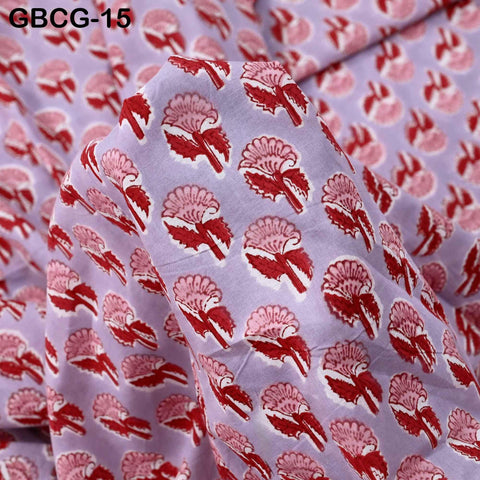 Block-Printed Floral Cotton Fabric, Red, Lavender, White, Summer Dress Sewing Material