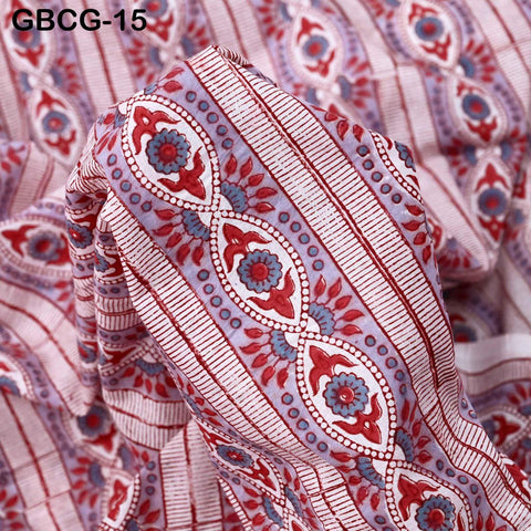 Block-Printed Floral Cotton Fabric, Red, Lavender, White, Summer Dress Sewing Material