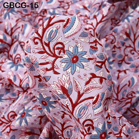 Block-Printed Floral Cotton Fabric, Red, Lavender, White, Summer Dress Sewing Material